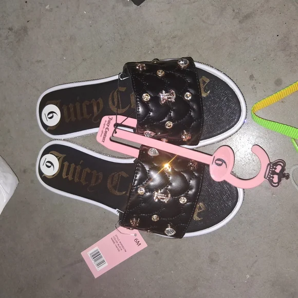 Juicy Couture Black Quilted Slides with Gold Accents - Picture 1 of 5